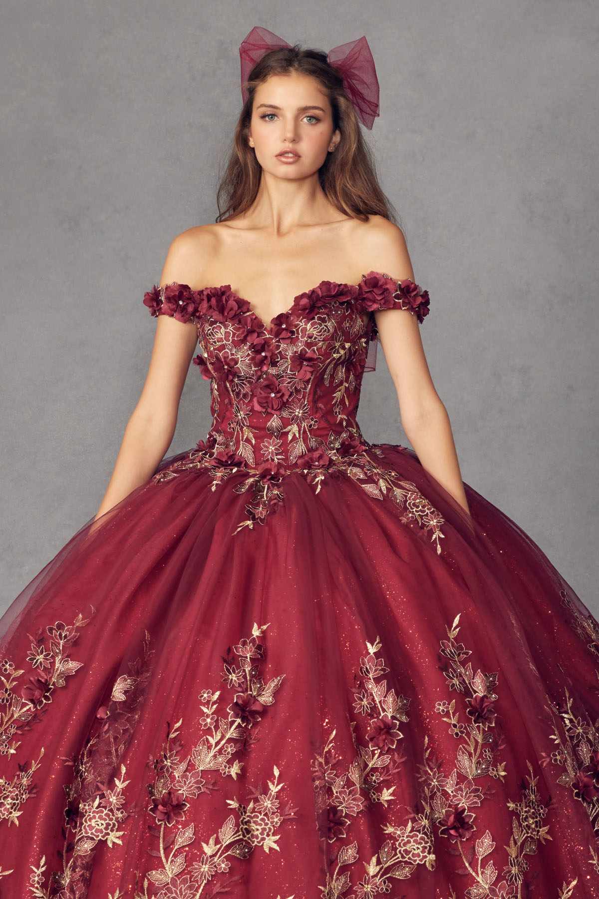 Juliet 1447 Long 3D Floral Appliques Off Shoulder Poofy Ball Gown