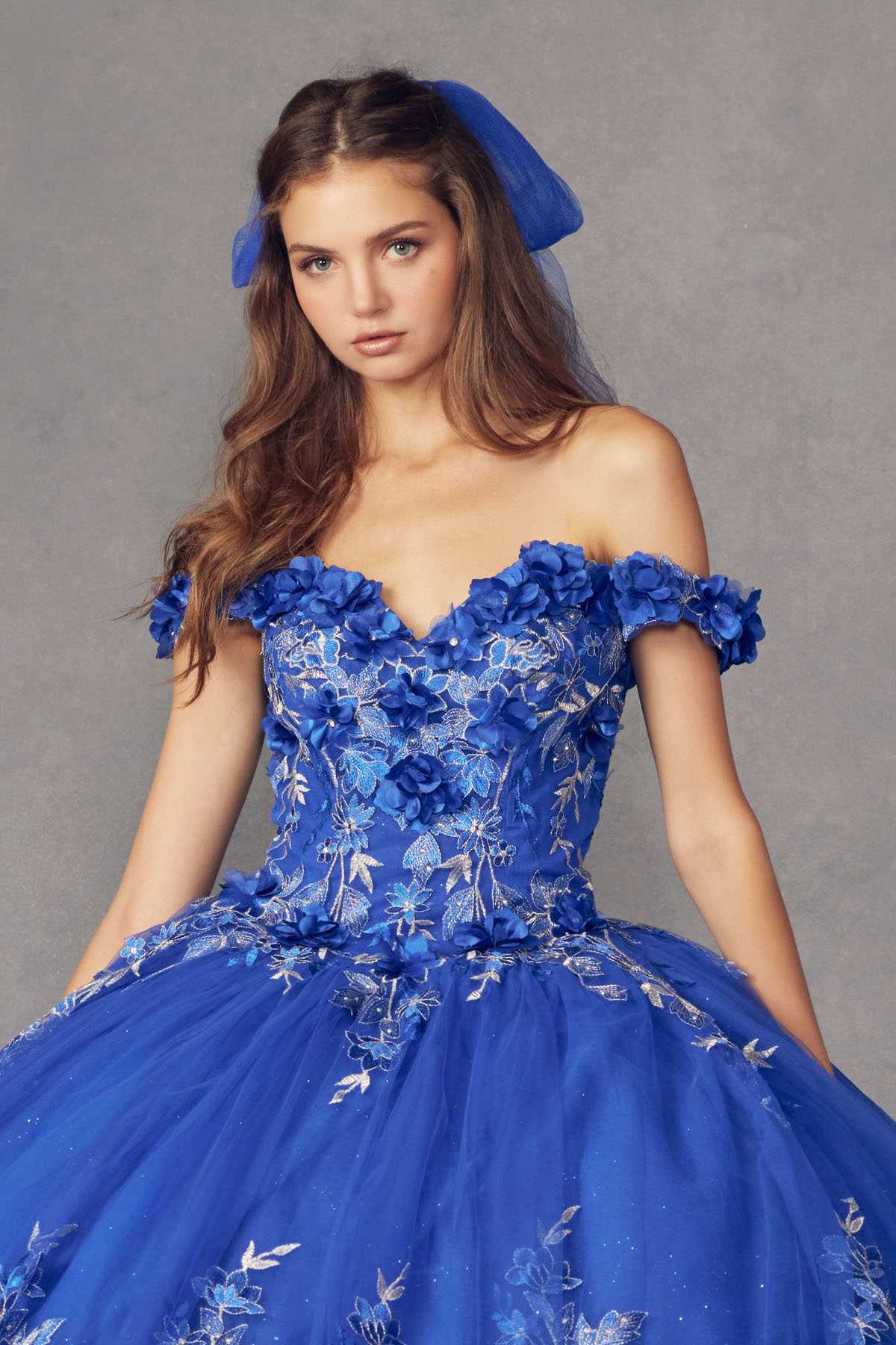 Juliet 1447 Long 3D Floral Appliques Off Shoulder Poofy Ball Gown