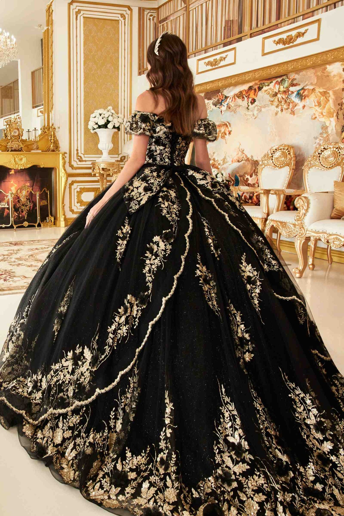 Ladivine 15701 Floral Off the Shoulder A-line Quince Ball Gown