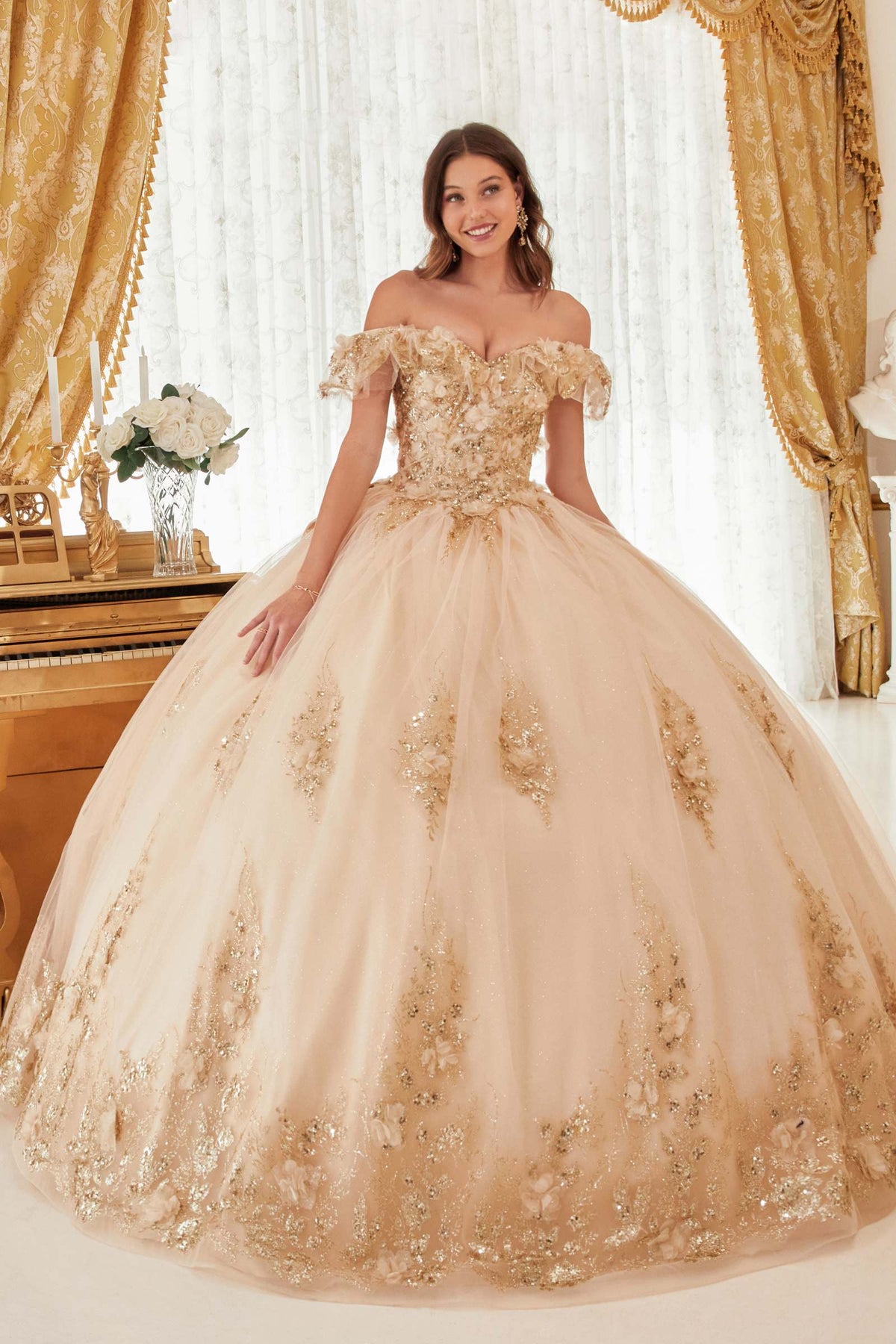 Ladivine 15701 Floral Off the Shoulder A-line Quince Ball Gown