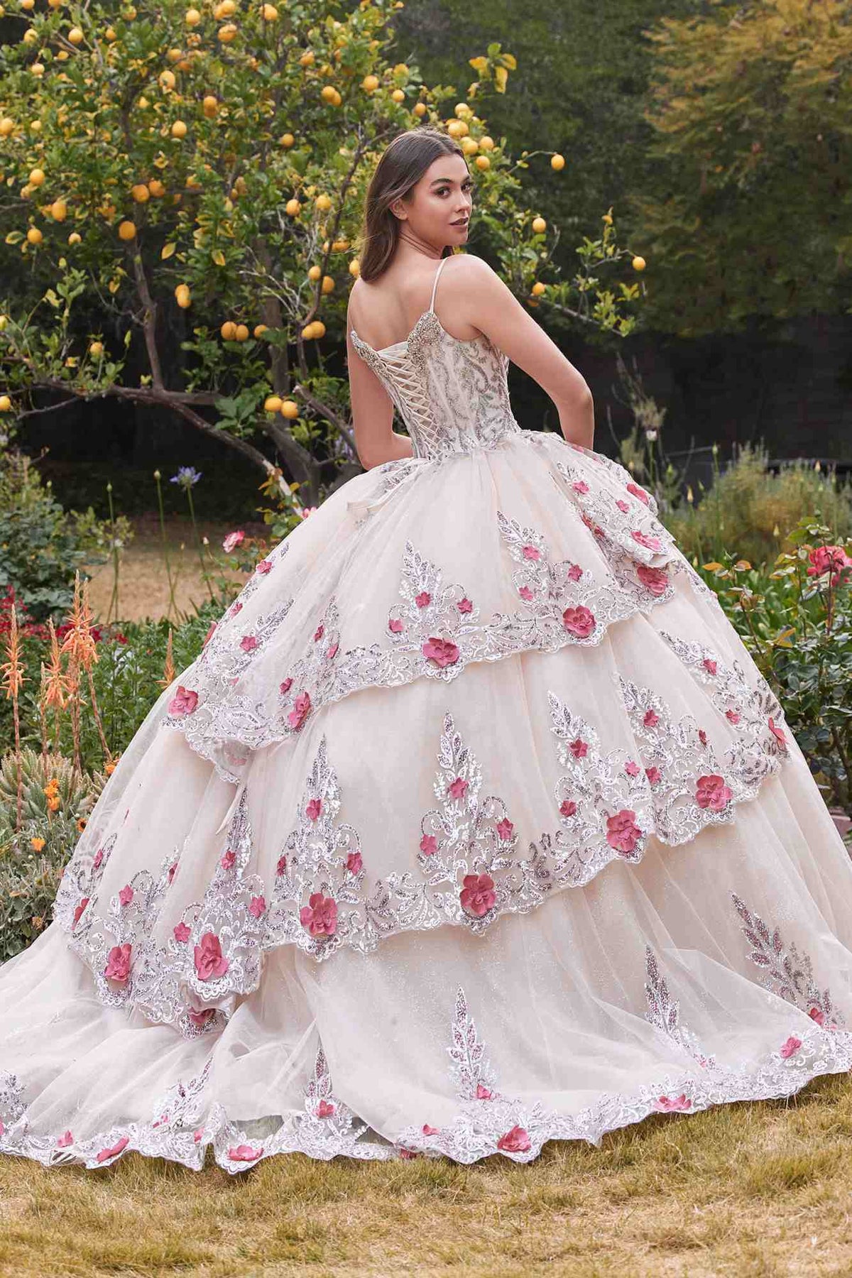 Ladivine 15703 Layered Tulle Quince Ball Gown With Foral Applique