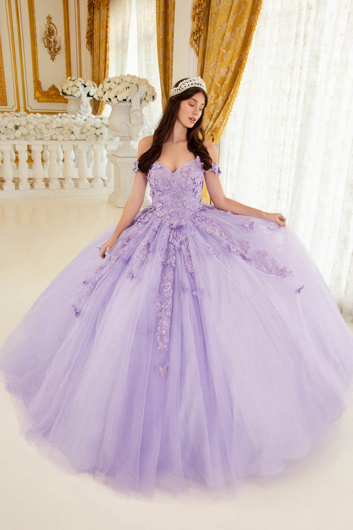 Ladivine 15709 Floor Length Layered Tulle Ball Gown Lace Applique