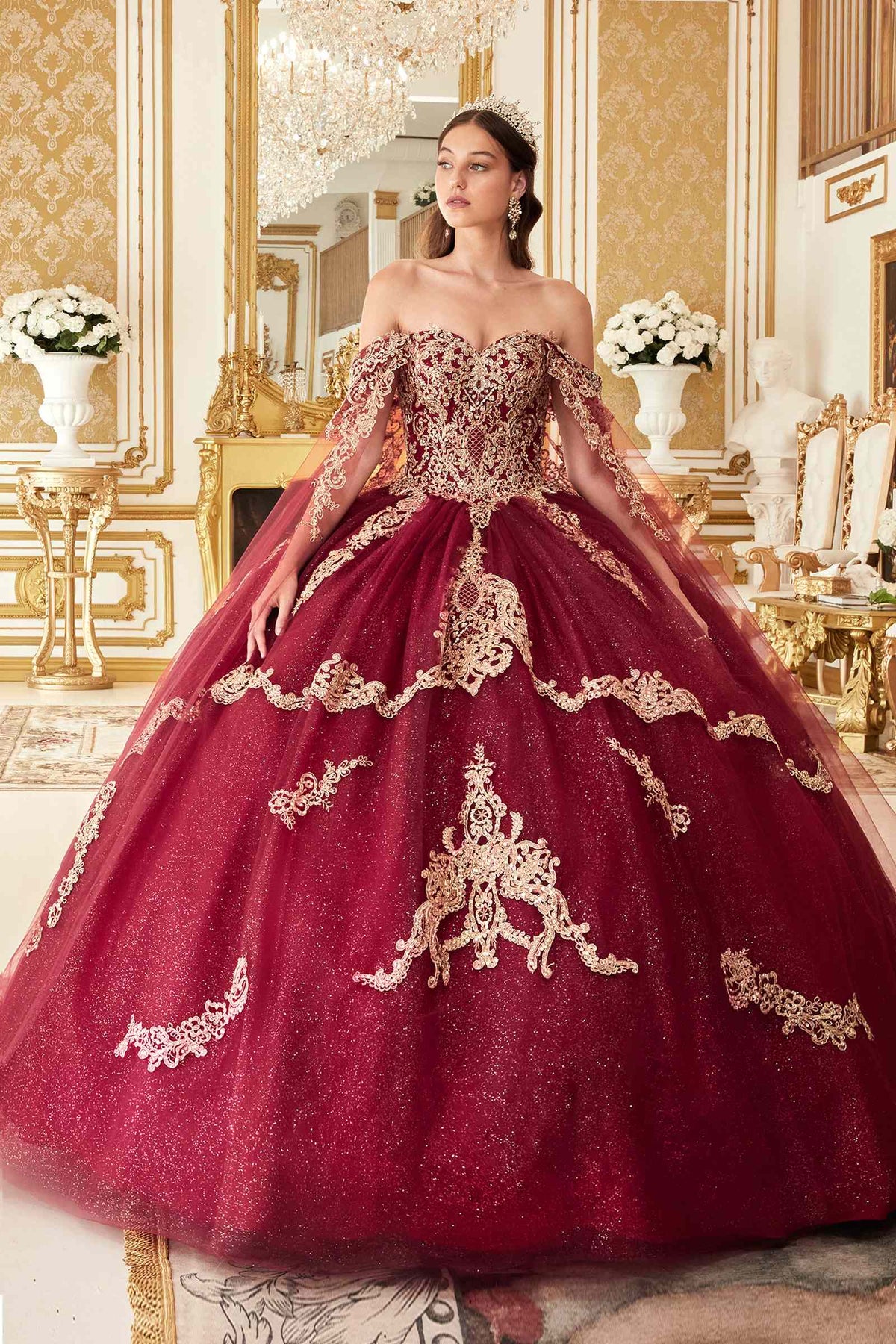 Ladivine 15711 Off the Shoulder Glitter Tulle A-Line Ball Gown Removable Cape
