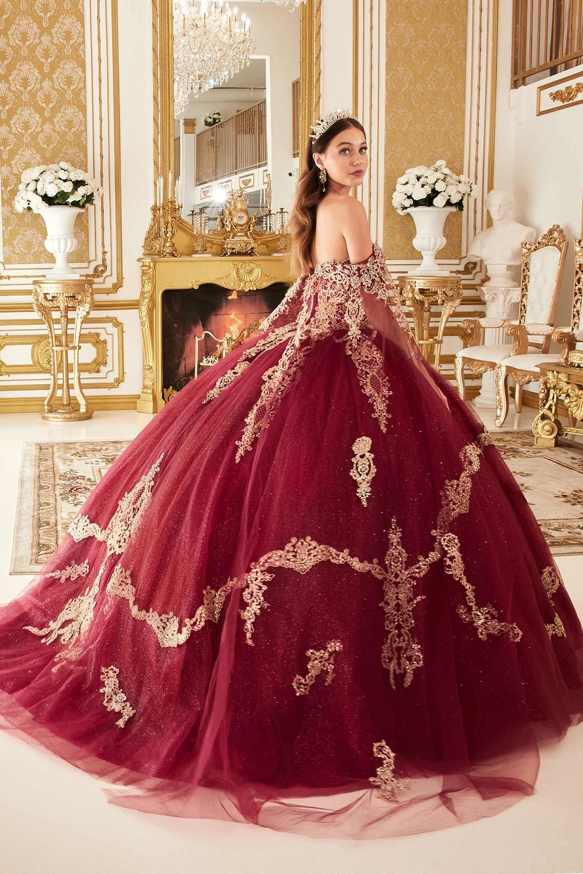 Ladivine 15711 Off the Shoulder Glitter Tulle A-Line Ball Gown Removable Cape