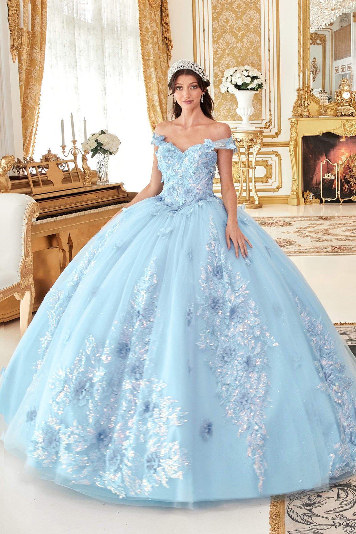 Ladivine 15713 Long Off the Shoulder A-Line Floral Applique Ball Gown