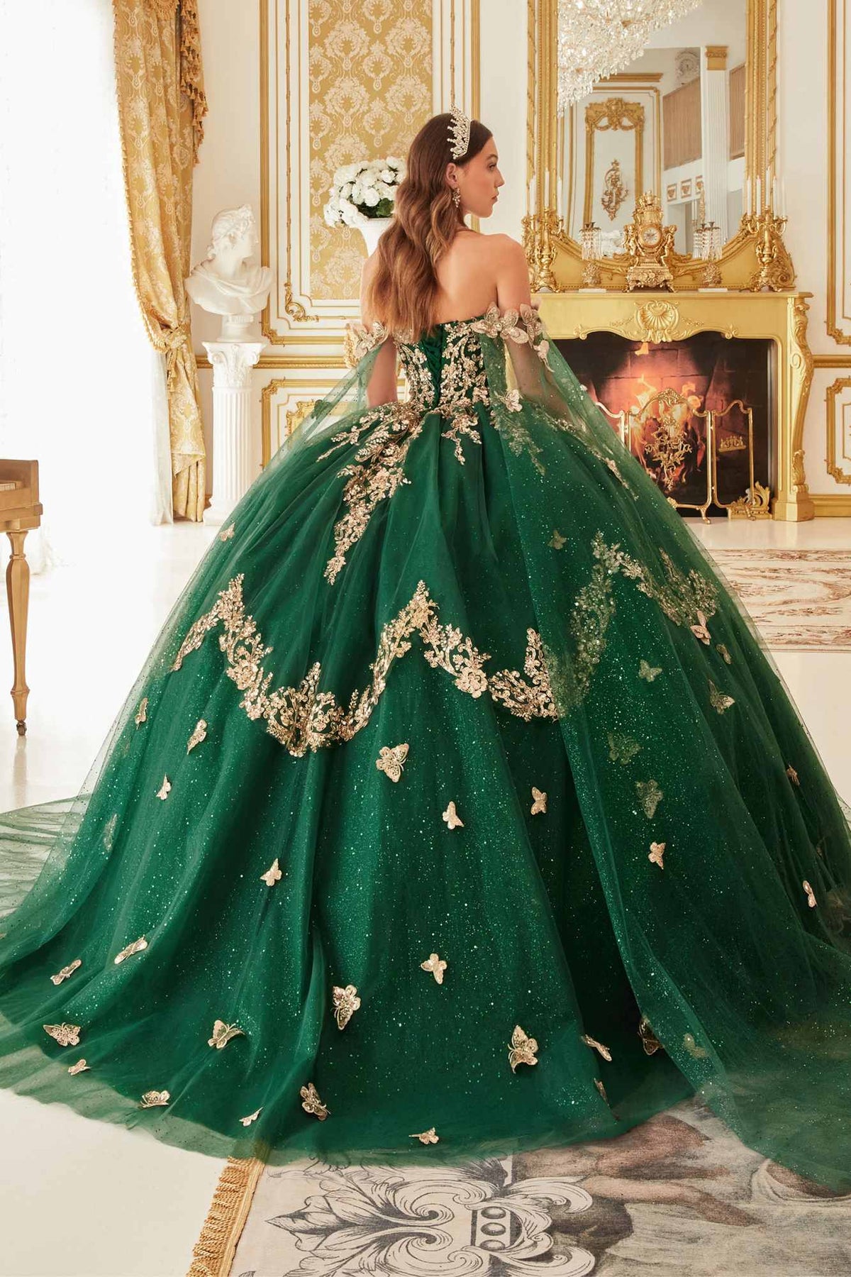 Ladivine 15721 Long Strapless Tulle Cape Sleeve Ball Gown
