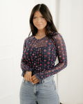 Samantha Floral Print Smocked Cuff Slim Fit Mesh Bodysuit
