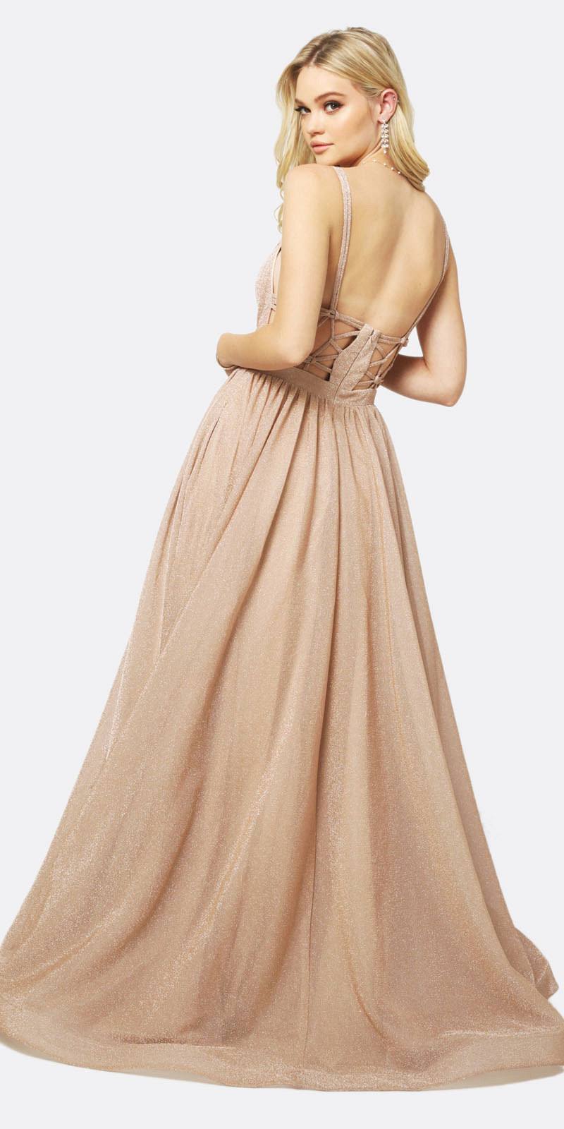 Juliet 201 Plunging V-Neckline Long Glitter Dress A-Line