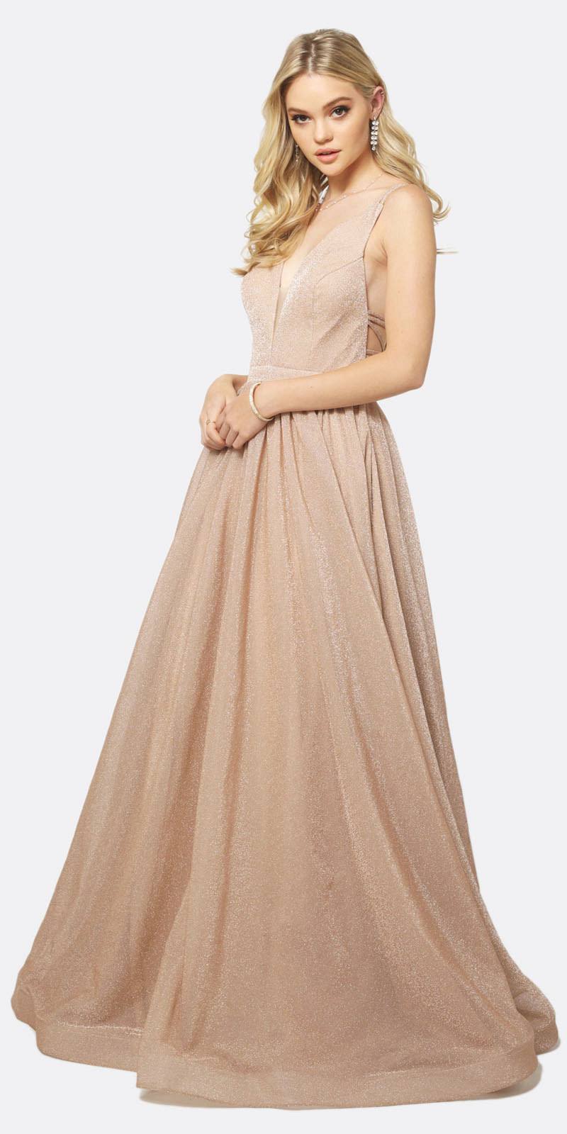 Juliet 201 Plunging V-Neckline Long Glitter Dress A-Line