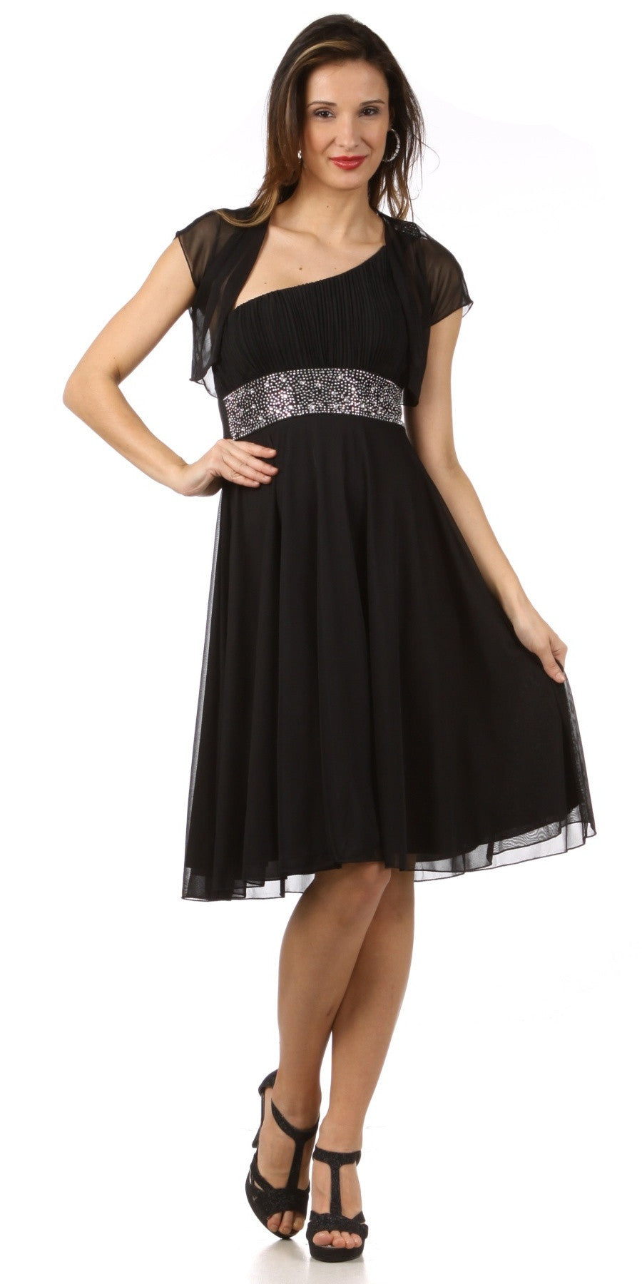 CLEARANCE - CELAVIE 2095S Black Knee Length Dress One Shoulder Includes Bolero Jacket (Size M)