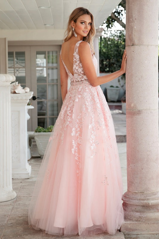 Juliet 224 V-Neck and Back Embroidered Tulle A-Line Ball Gown