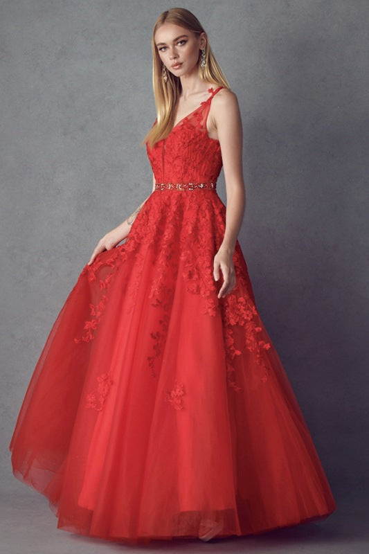 Juliet 224 V-Neck and Back Embroidered Tulle A-Line Ball Gown