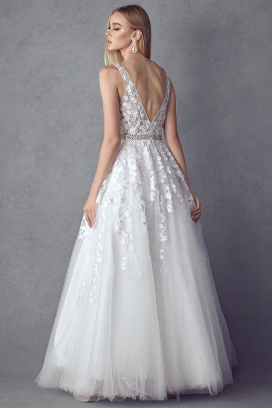 Juliet 224 V-Neck and Back Embroidered Tulle A-Line Ball Gown