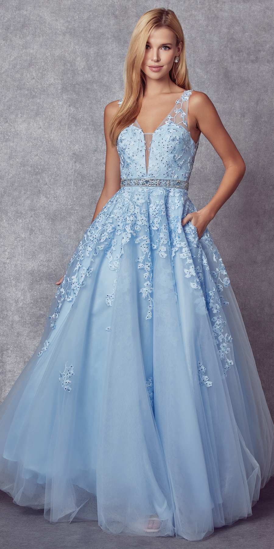 Juliet 224 V-Neck and Back Embroidered Tulle A-Line Ball Gown