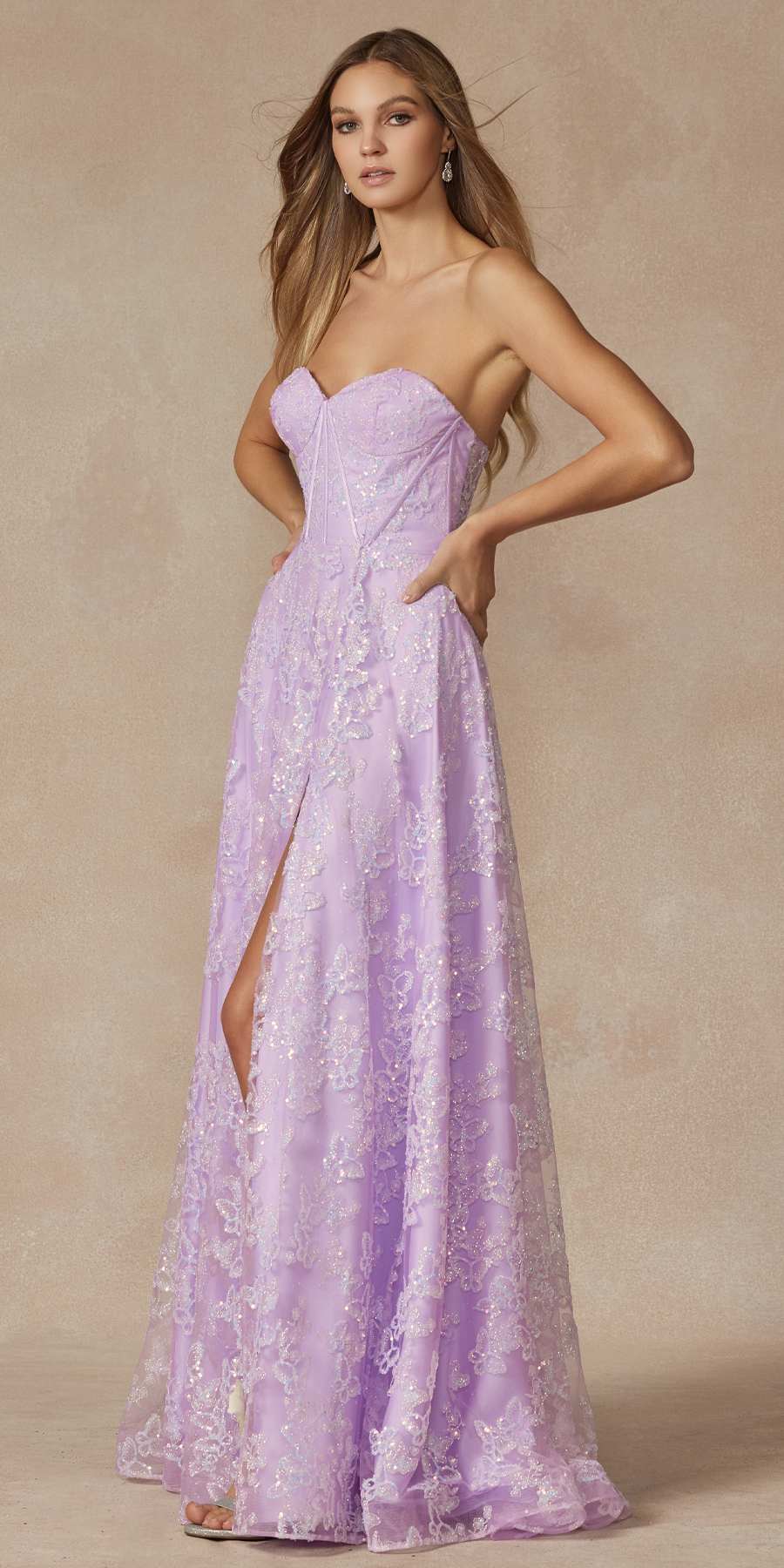 Juliet 2403 Long Butterfly Glitter Embroidered Gown with Corset Top