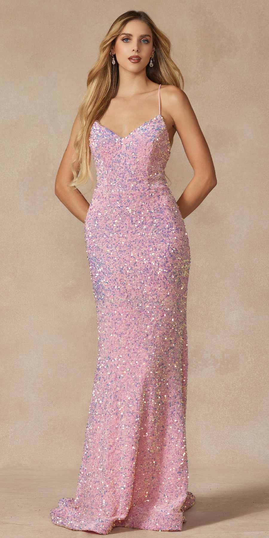Juliet 2406 Velvet Sequin Fitted Gown V-Neckline Lace Up Back