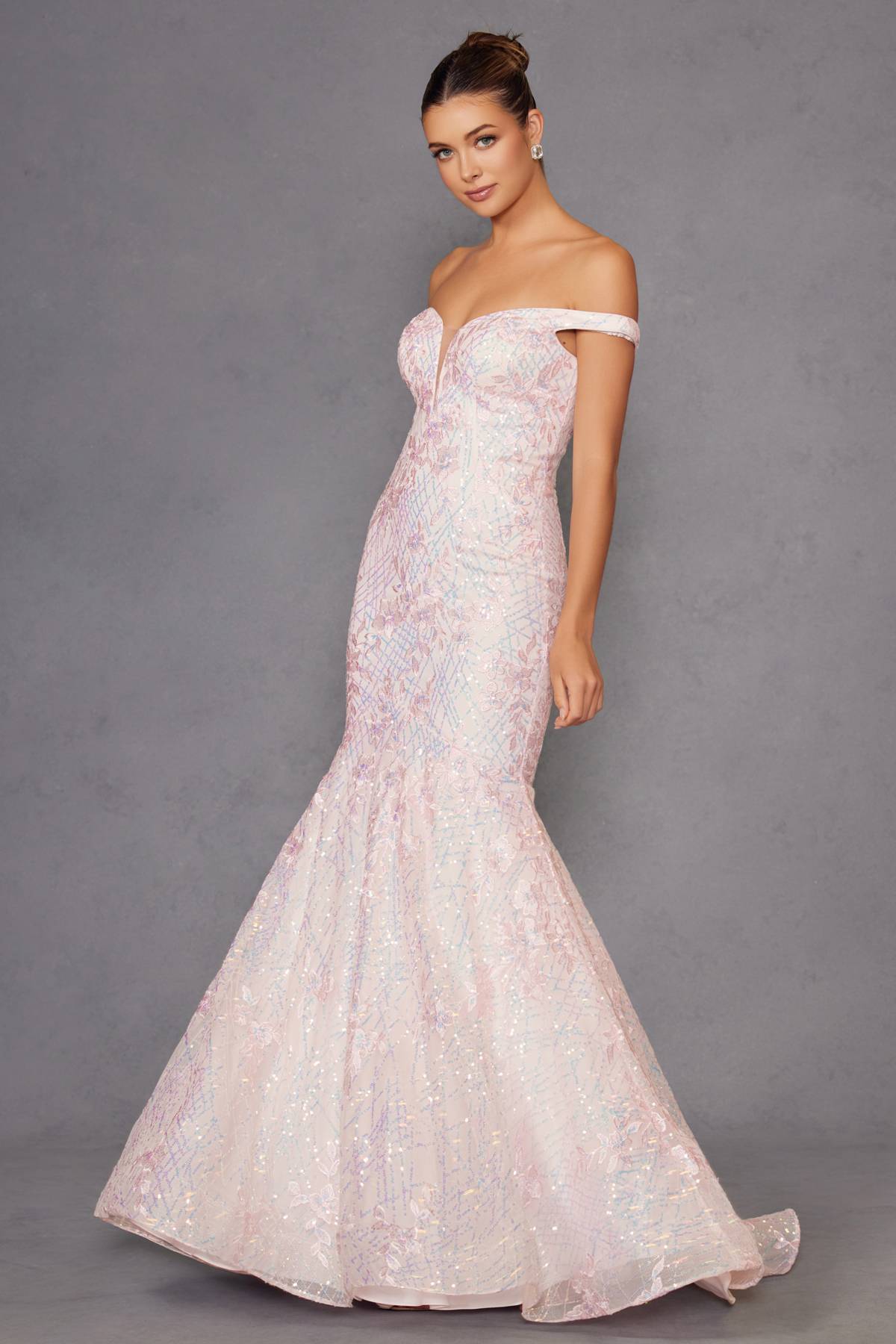 Juliet 2412 Mermaid Gown Plunging Deep V Illusion Neckline Off the Shoulder