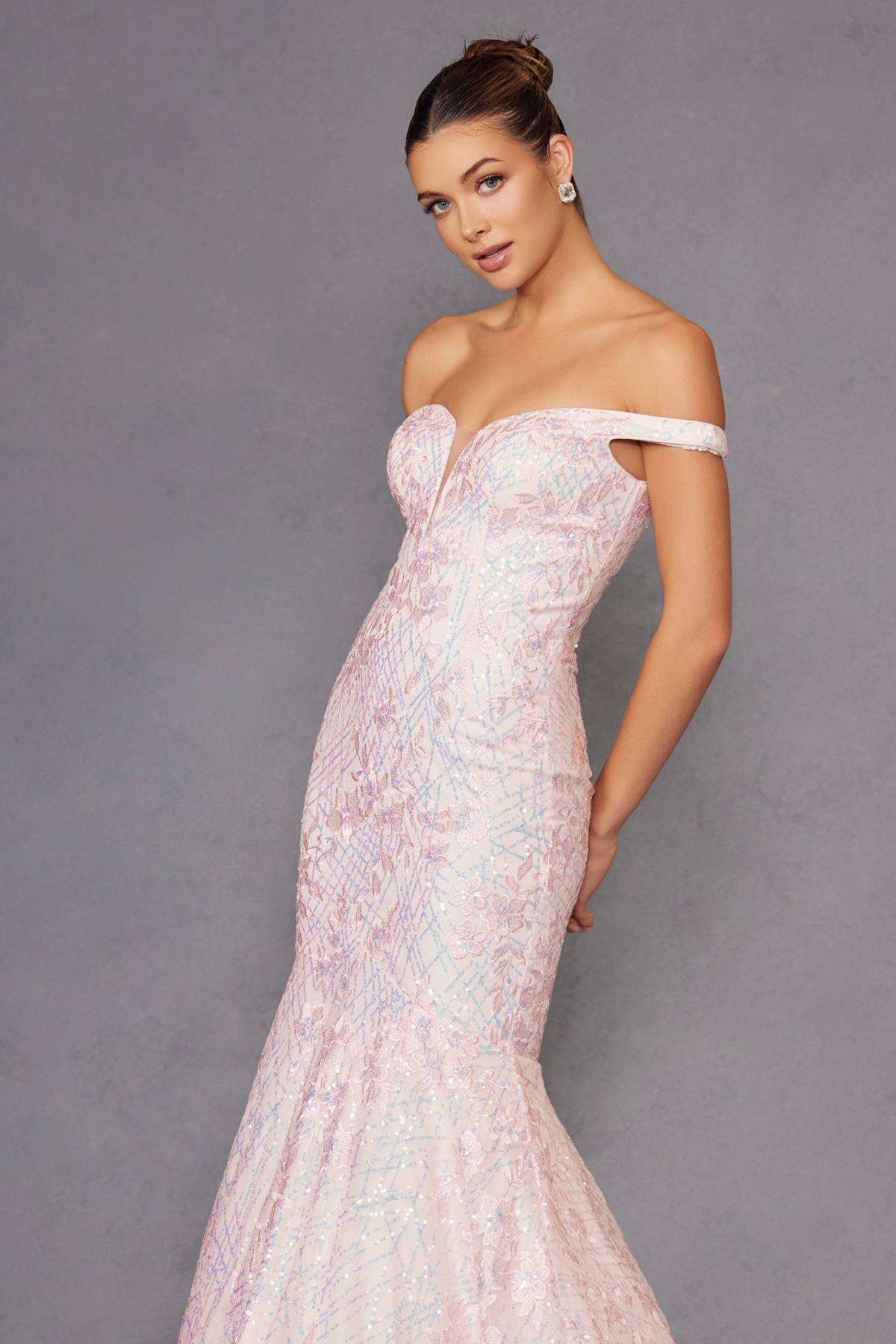 Juliet 2412 Mermaid Gown Plunging Deep V Illusion Neckline Off the Shoulder