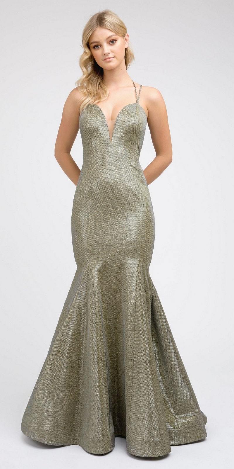 Juliet 242 Metallic Mermaid Long Prom Dress Lace-Up Back