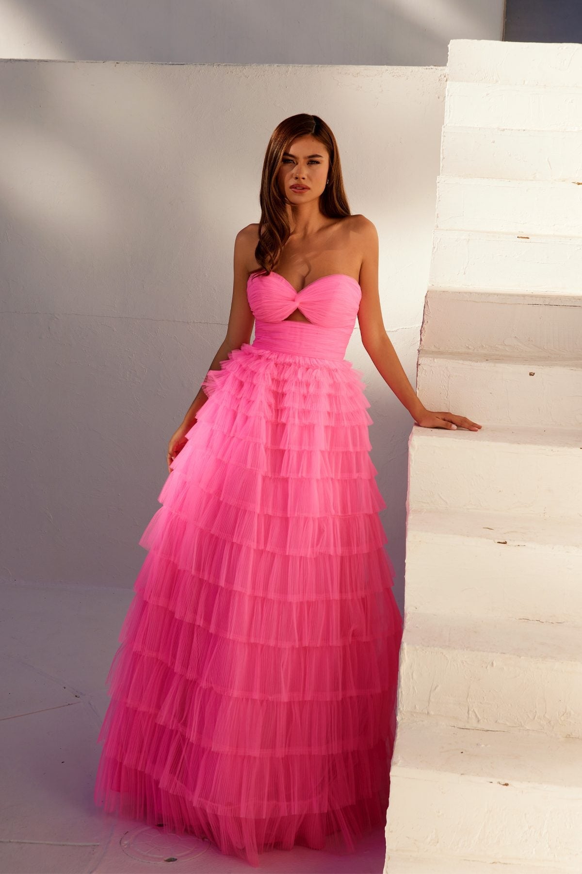 Juliet JT2456H Long Strapless Keyhole Tiered Ruffled Tulle A-Line Gown