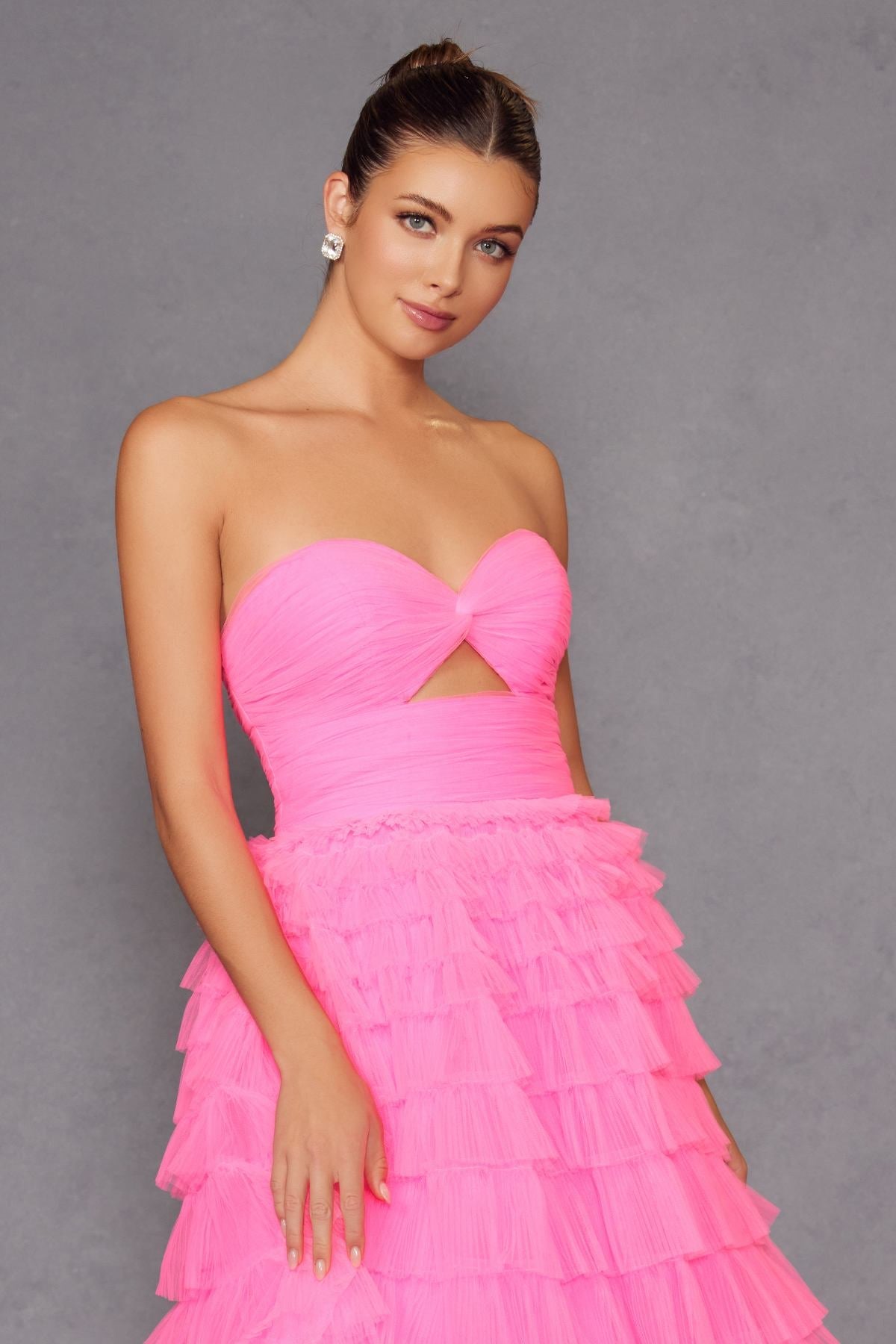 Juliet JT2456H Long Strapless Keyhole Tiered Ruffled Tulle A-Line Gown