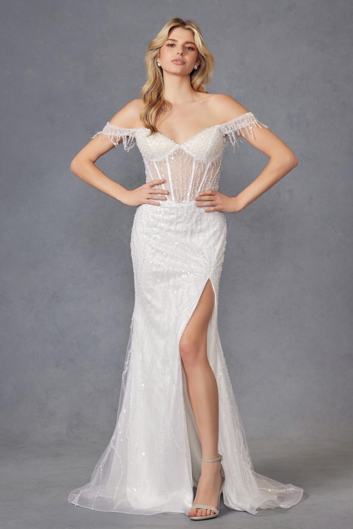 Juliet JT2471LW Long Off the Shoulder Fringe Sleeve Fitted Wedding Gown