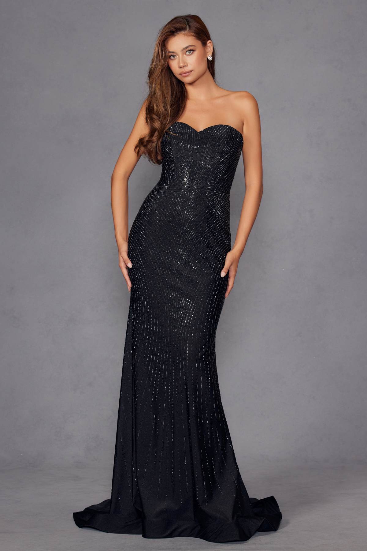 Juliet JT2472R Long Strapless Rhinestone Details Sweetheart Fitted Gown