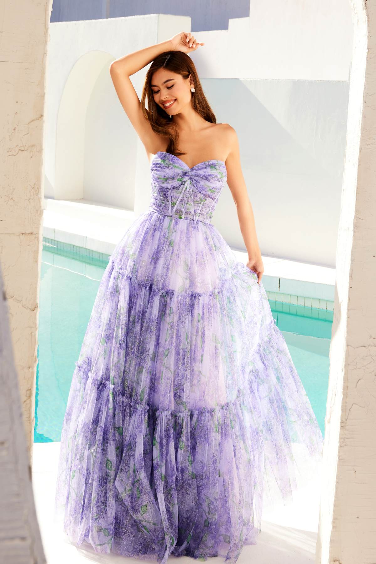 Juliet JT2507A Long Strapless Sweetheart Print Tiered Skirt Gown