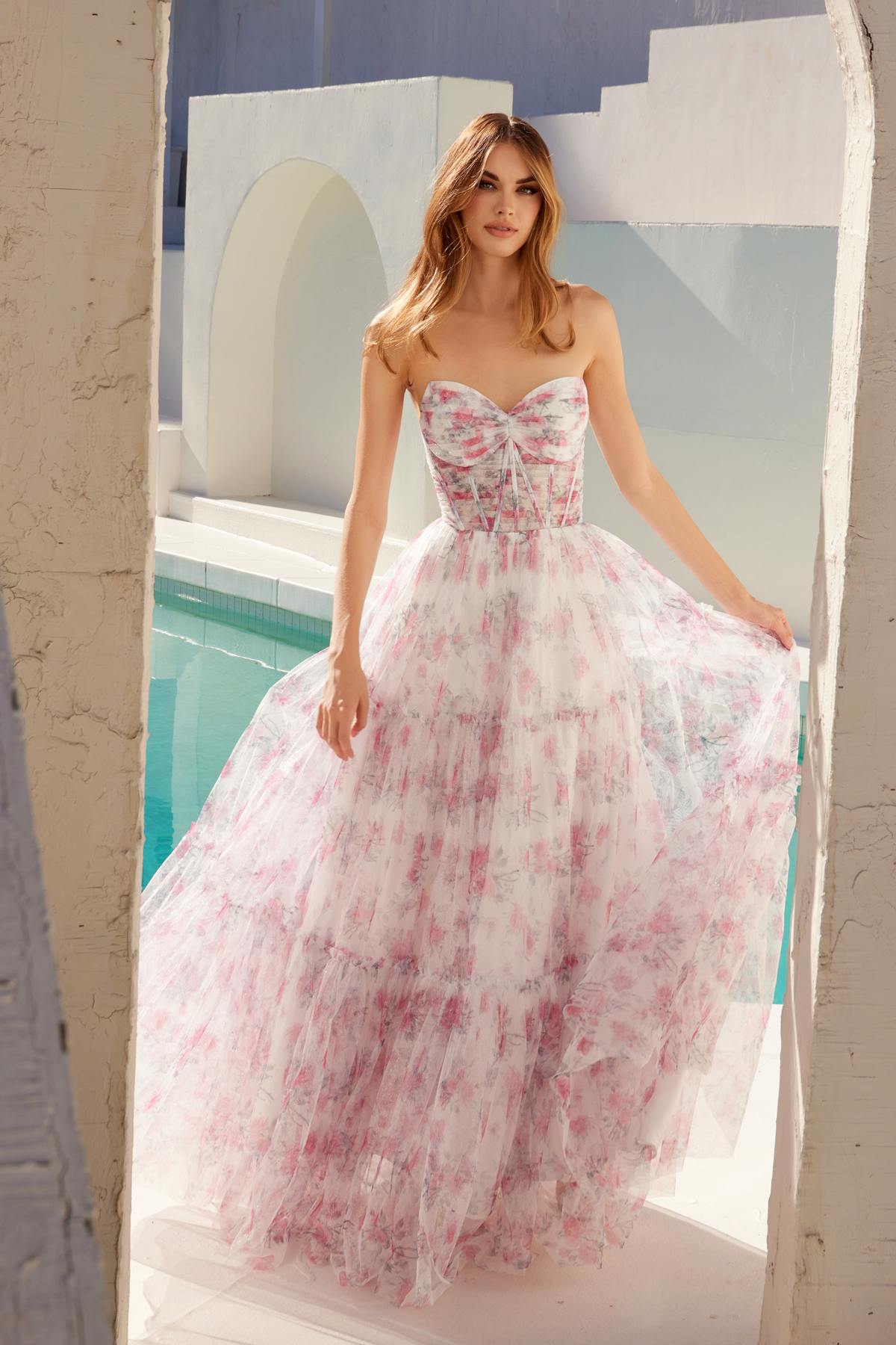 Juliet JT2507A Long Strapless Sweetheart Print Tiered Skirt Gown