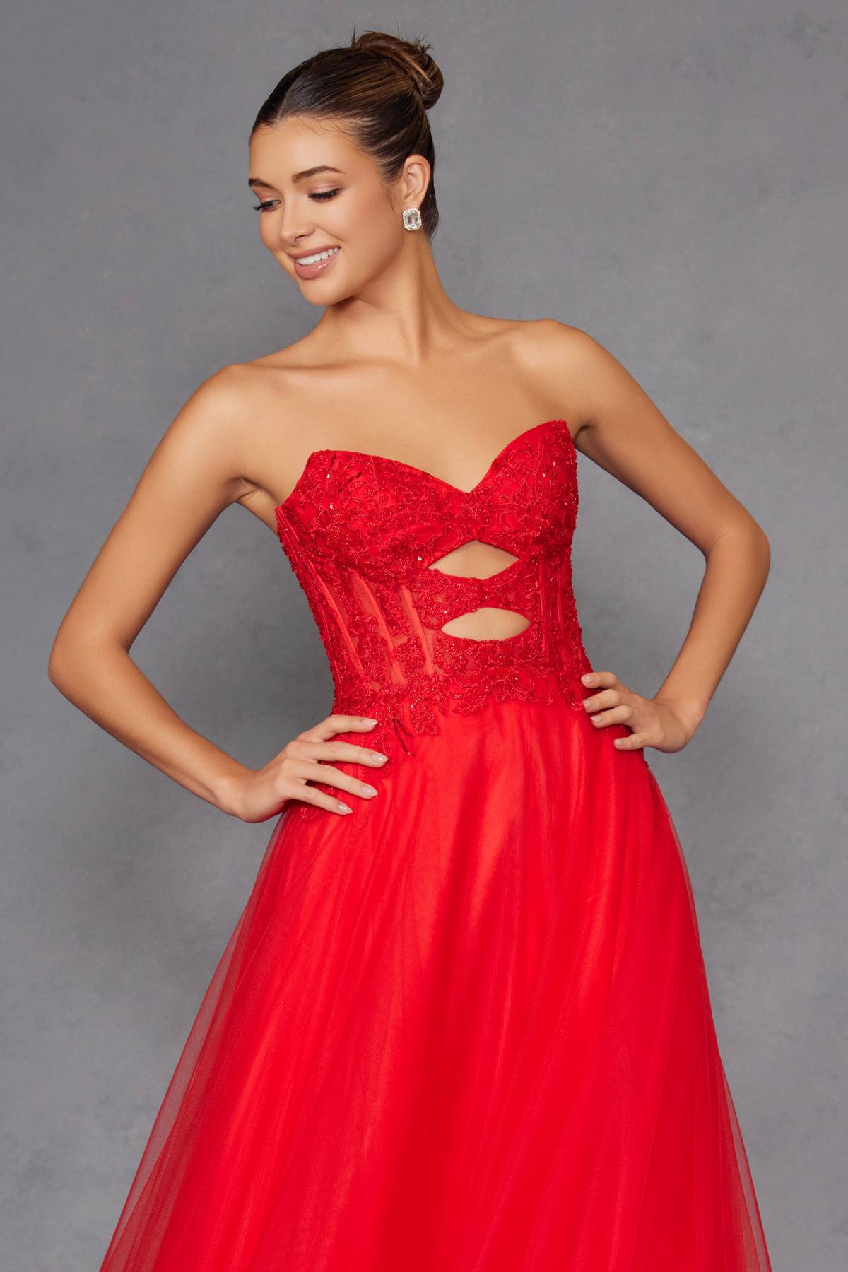 Juliet JT2561S Strapless Sweetheart Keyhole Bodice Tulle A-Line Gown