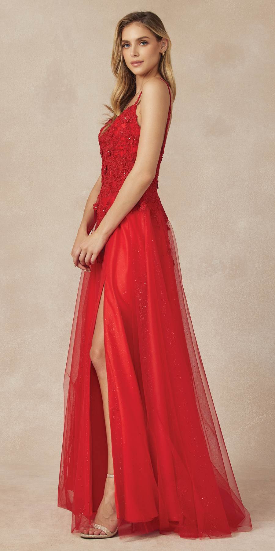 Juliet 283 3D Flowers Embroidered Tulle Glitter Skirt High Slit