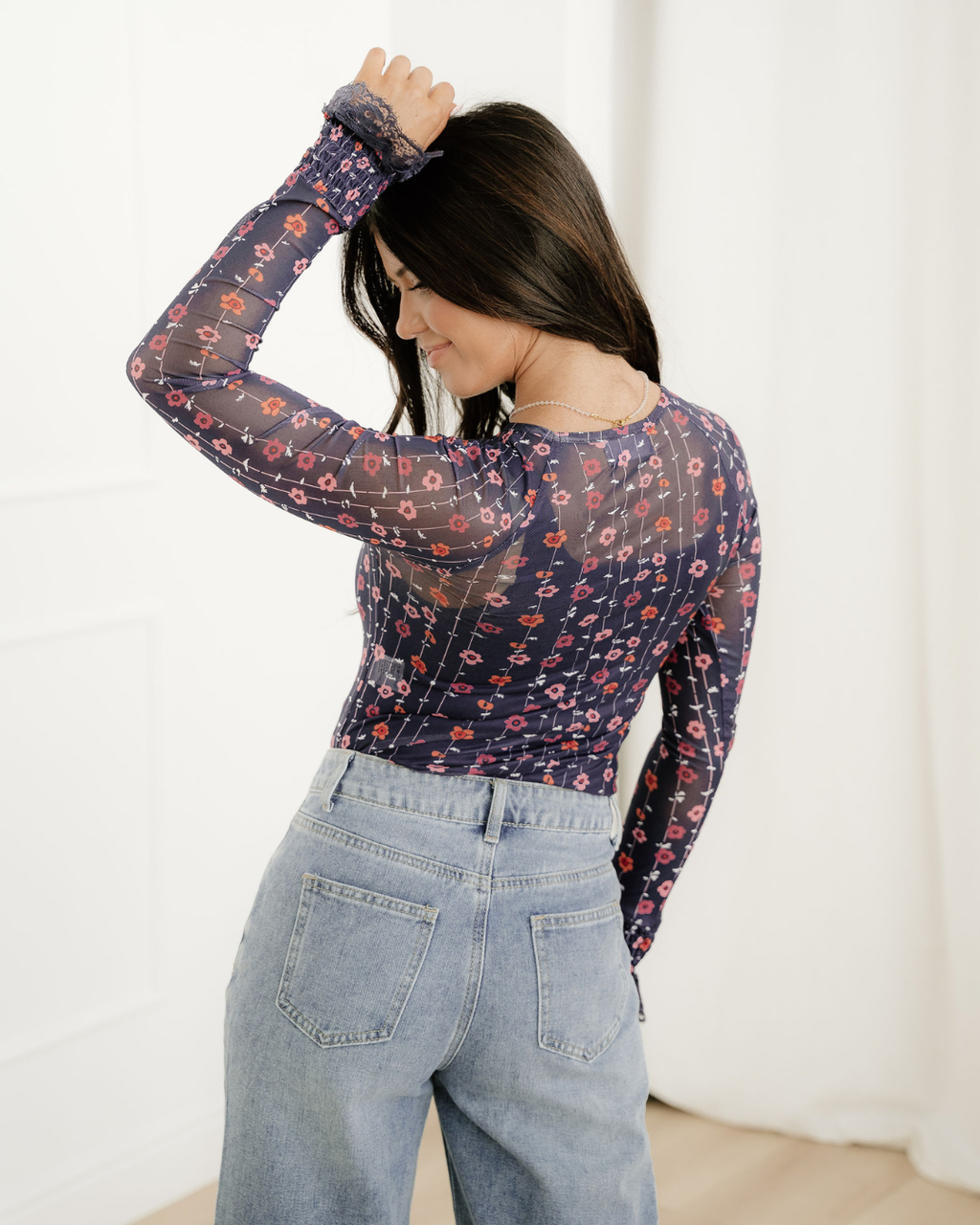 Samantha Floral Print Smocked Cuff Slim Fit Mesh Bodysuit