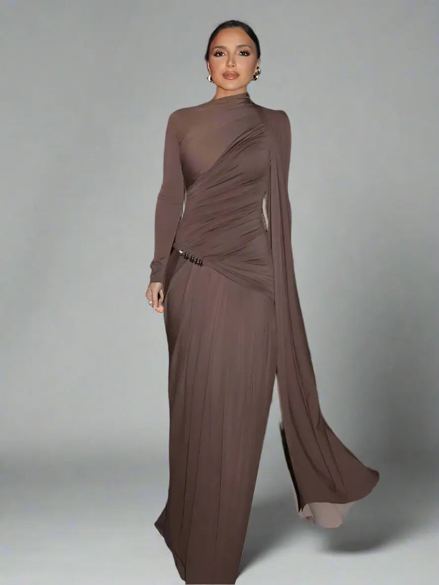 Patchwork Pleated Long Dress with Turtleneck