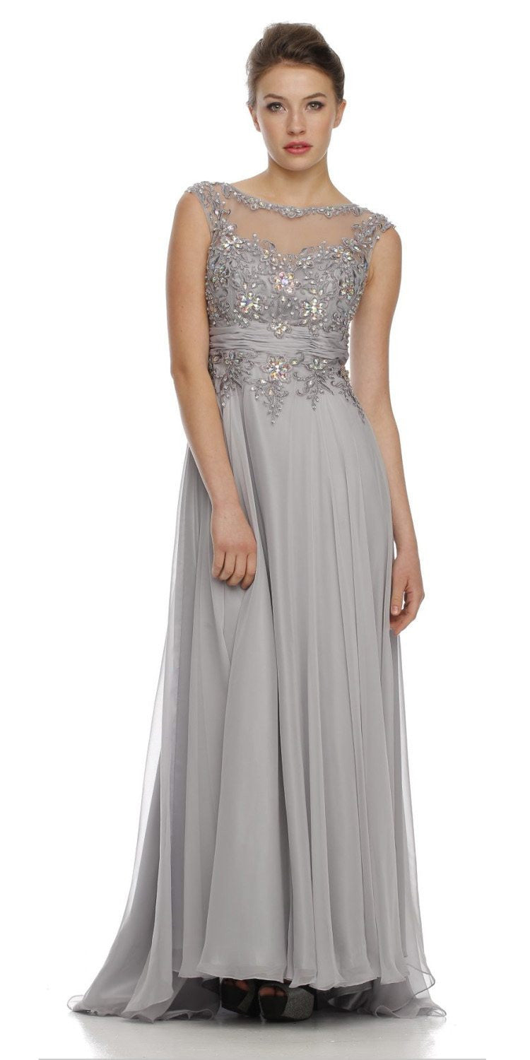 Juliet 552 Long Jewel Neckline Studded Bodice A-Line Gown