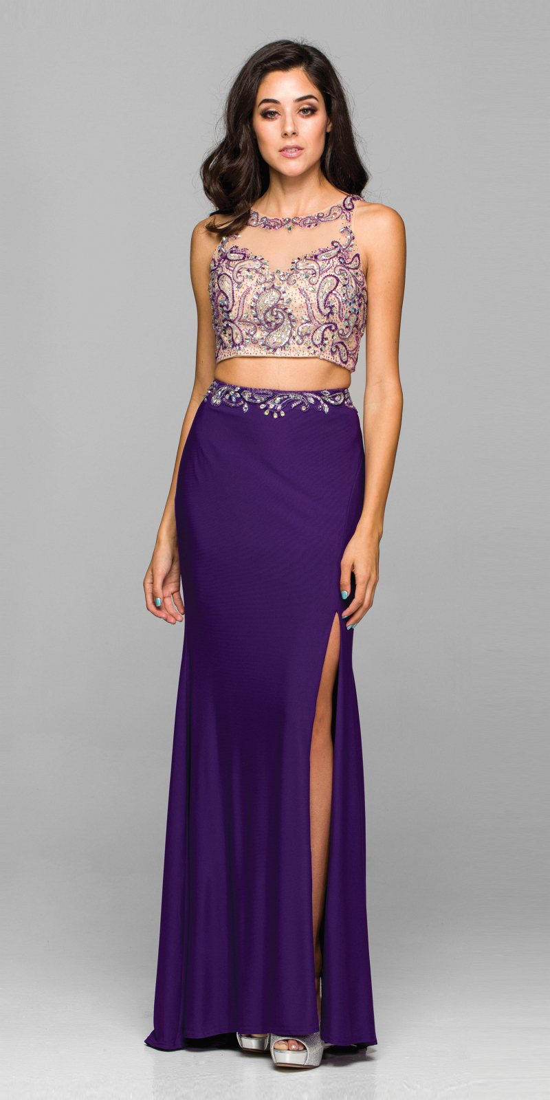 Juliet 595 Sexy Front Slit 2-Piece Dress Beads Illusion Neck
