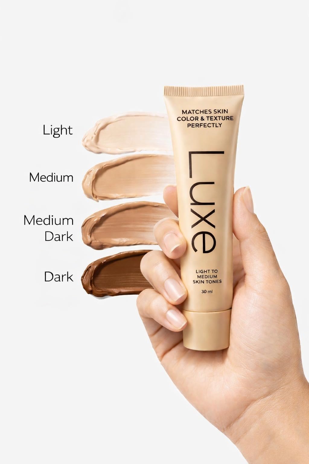 Luxe Color Changing Foundation – Medium en diferentes tonos de piel: claro, medio, medio oscuro y oscuro.