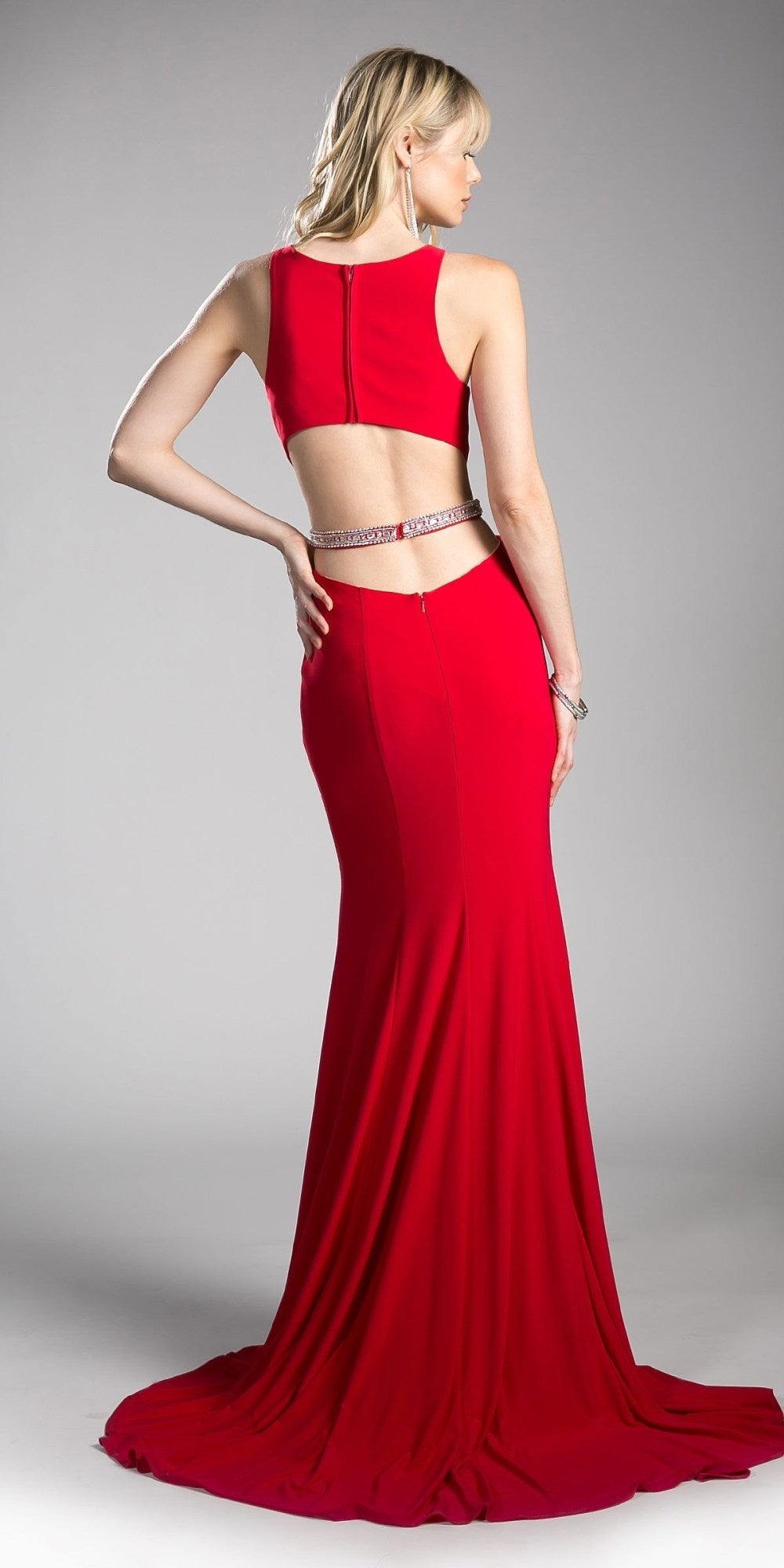 Cinderella Divine 62806 Beaded Waist Cut Out Back Long Dress