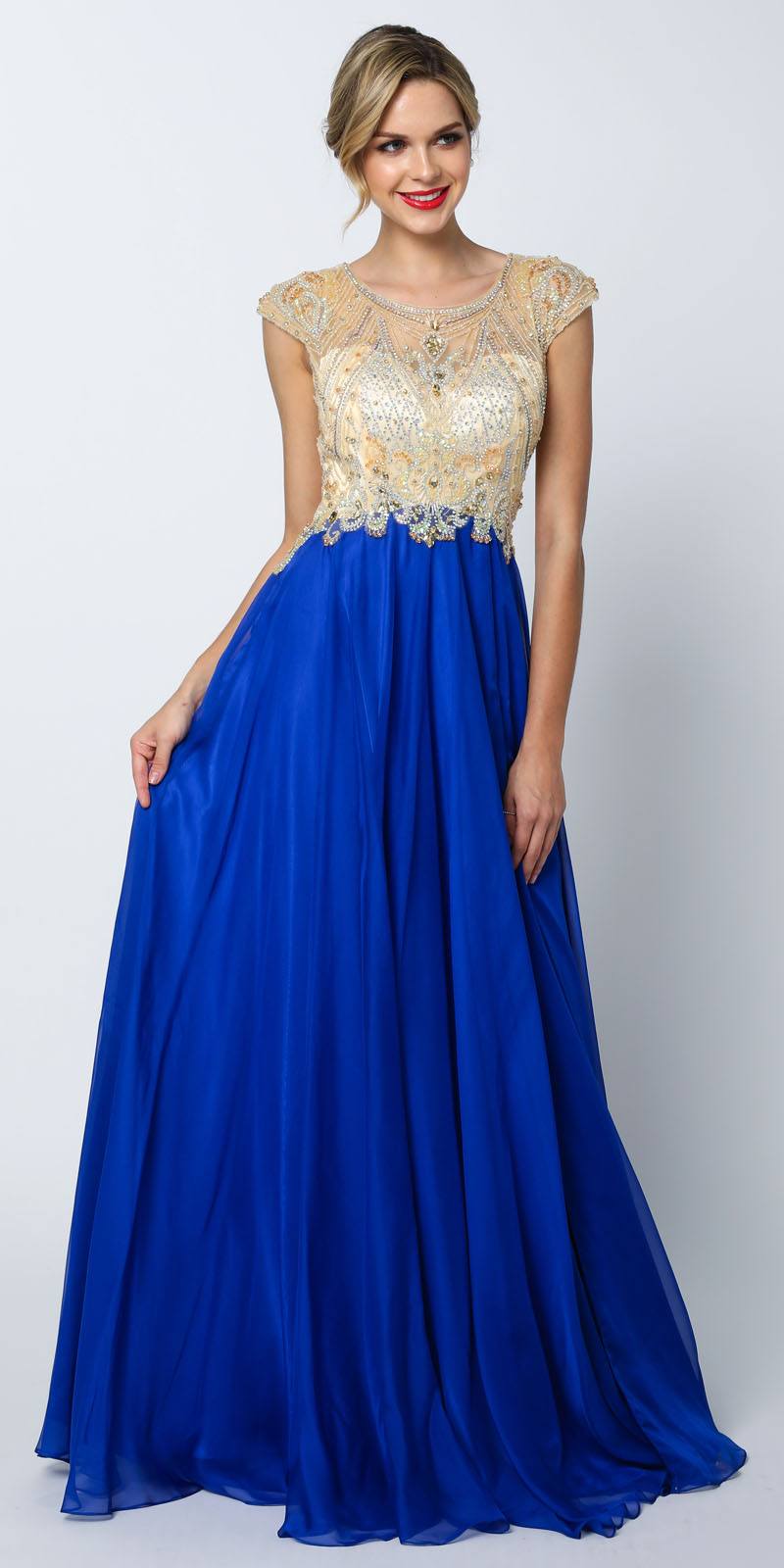 Juliet 636 Beaded Bodice Cap Sleeve Prom Gown with Slit and Train