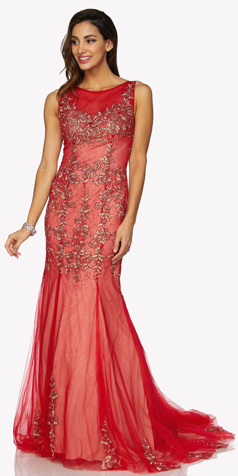 Juliet 656 Sleeveless Appliqued Mermaid Gown Godets and Train