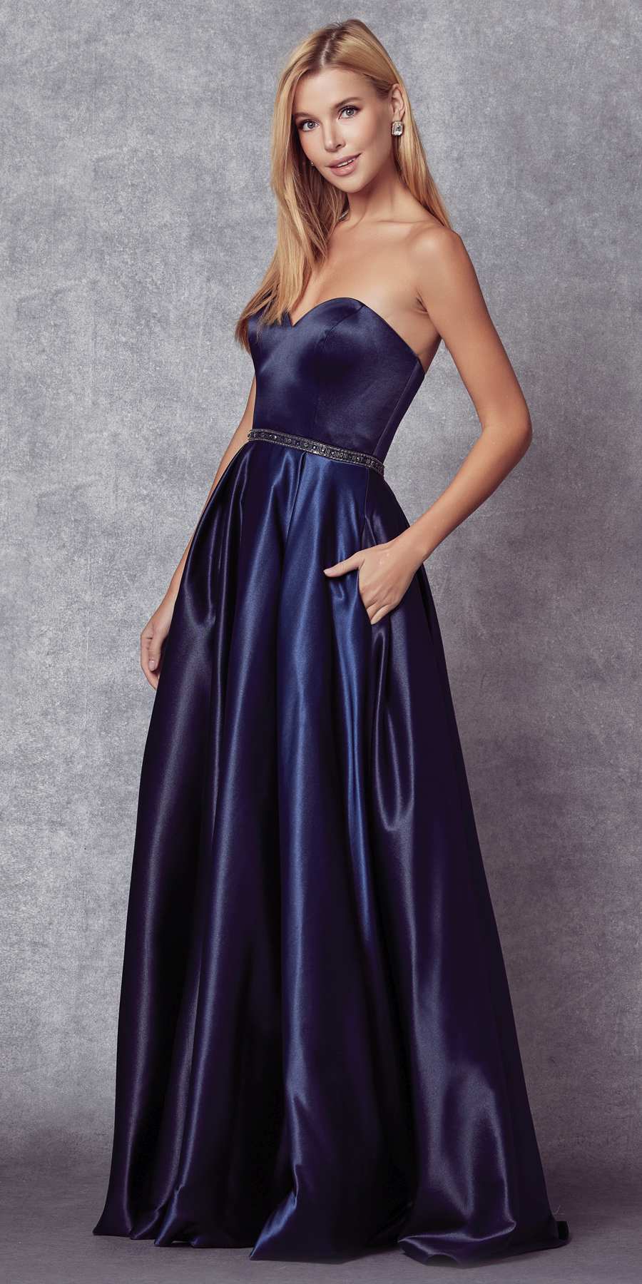 Juliet 688 Floor Length Shiny Satin A-Line Gown Beaded Belt with Pockets