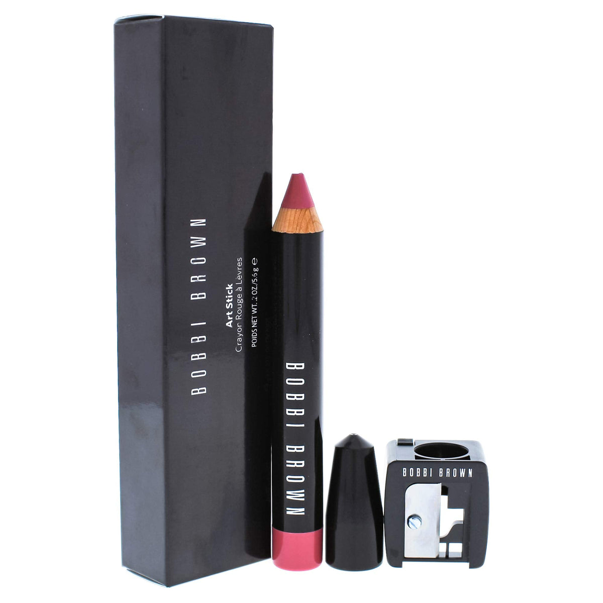 Lápiz labial Bobbi Brown Art Stick con sacapuntas y caja, color vibrante para labios.