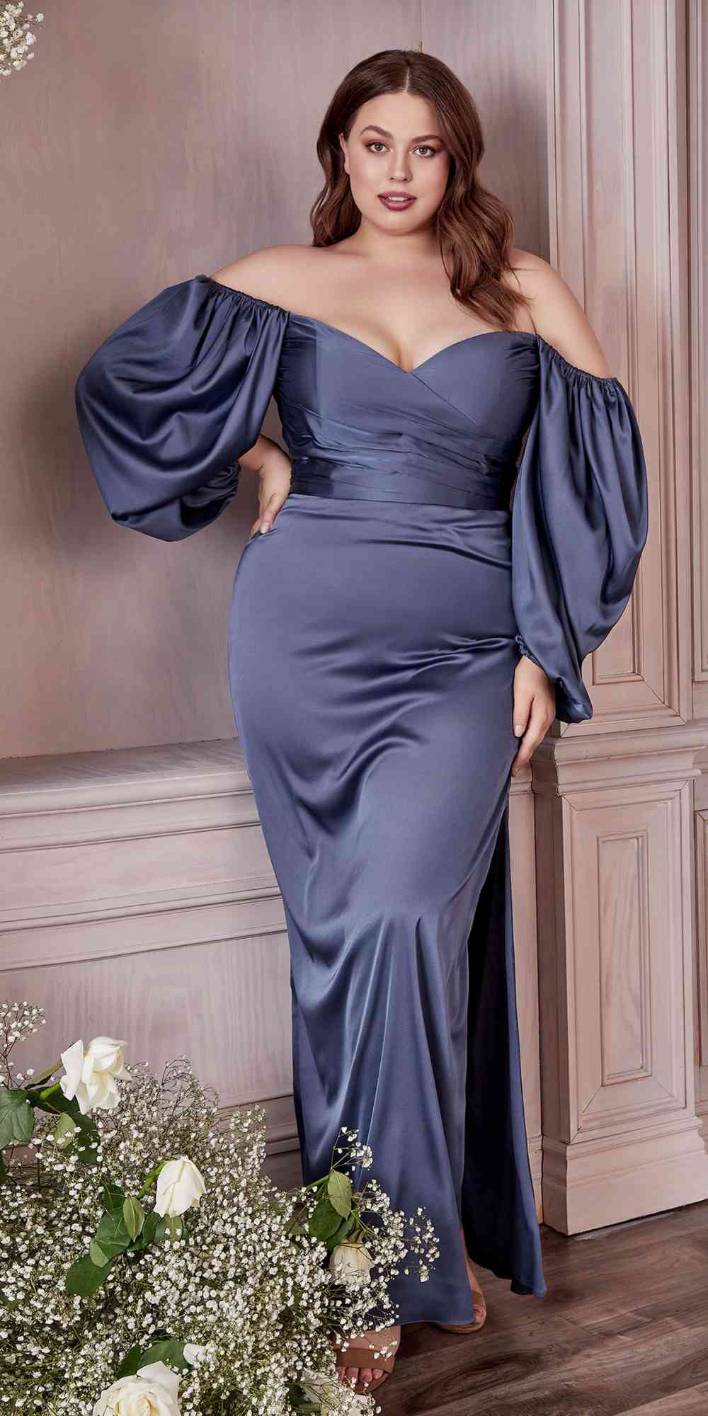 Cinderella Divine 7482C Long Sleeve Off the Shoulder Soft Satin Fitted Dress