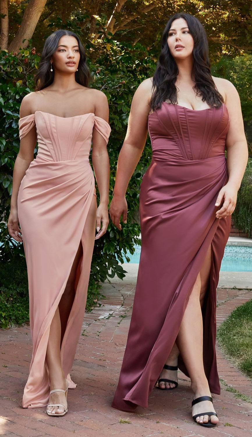 Cinderella Divine 7484 Long Off the Shoulder Corset Satin Formal Gown
