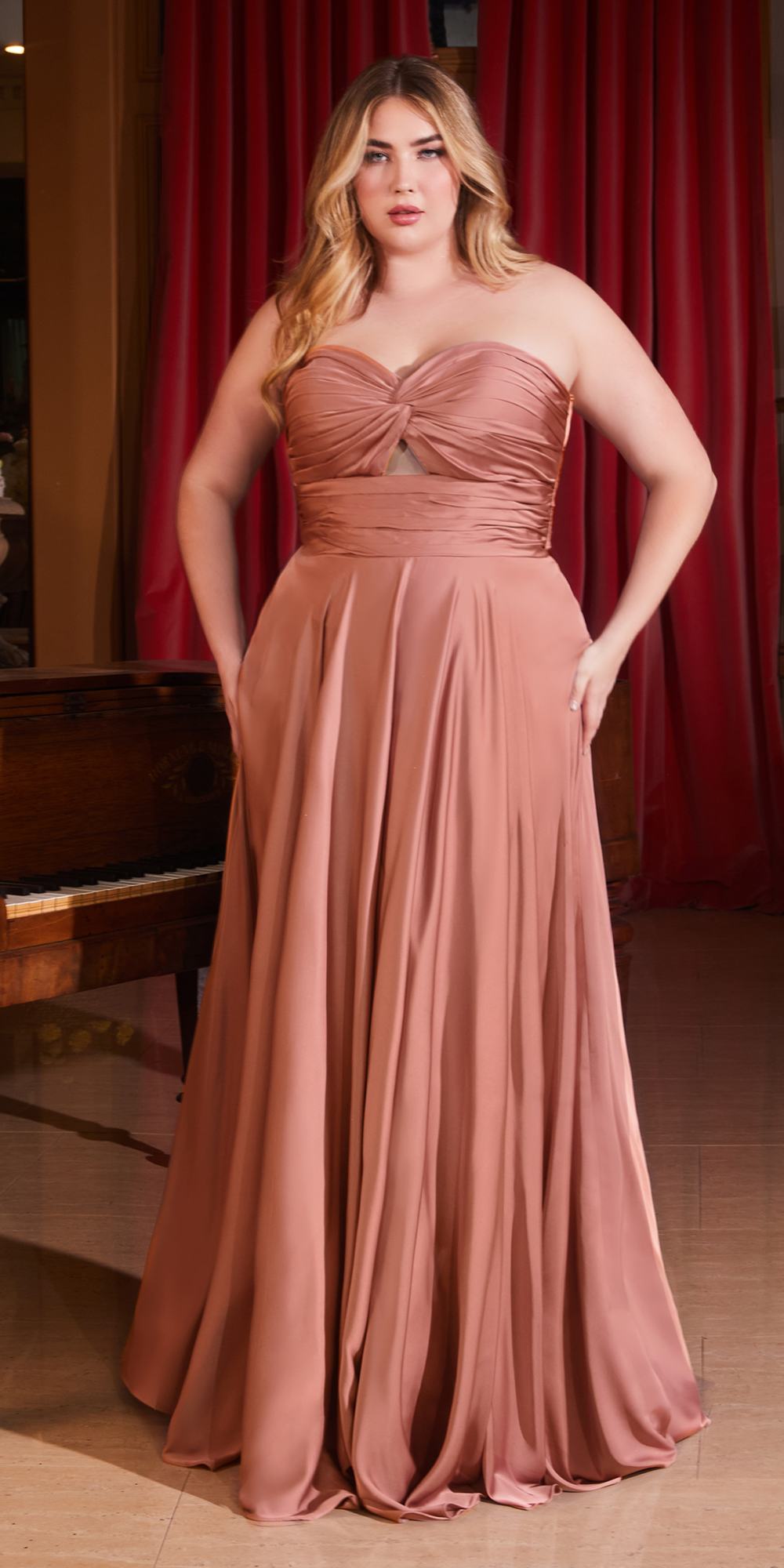 Ladivine 7496 Floor Length A-Line Luxurious Satin Strapless Keyhole Dress