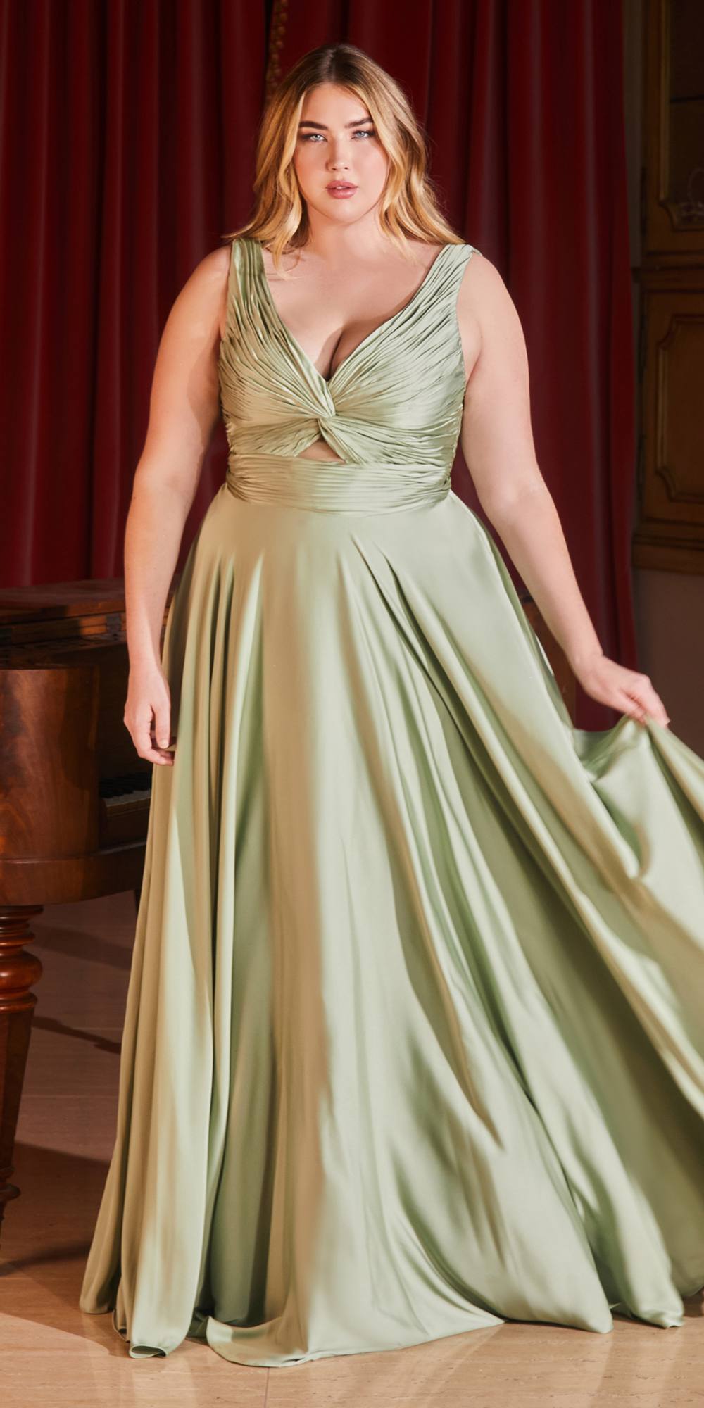 Ladivine 7497 Long A-Line Satin Keyhole Twisted Bodice Formal Gown