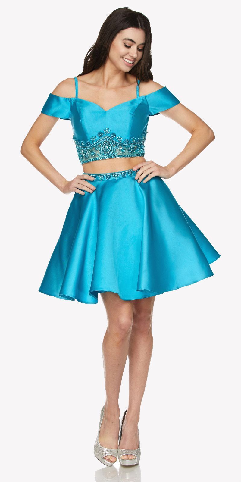 Juliet 790 Cold Shoulder Two-Piece Embellished Short Dress