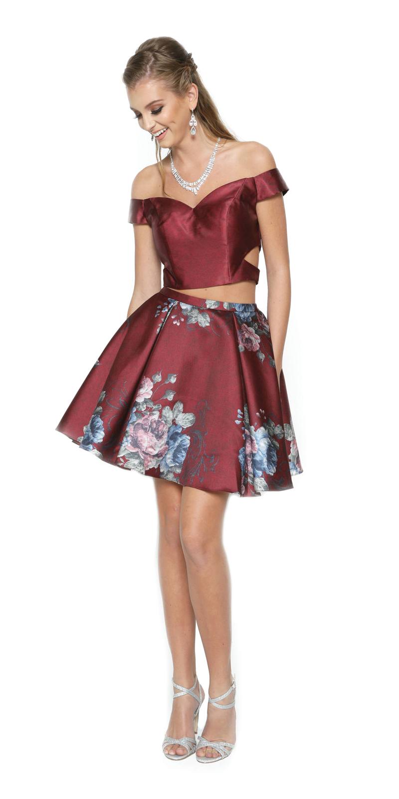 Juliet 798 Print Skirt Two-Piece Homecoming Dress Off-Shoulder