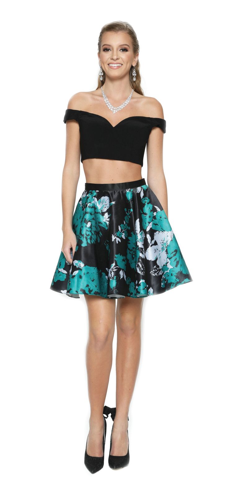 Juliet 805 Two-Piece Short Party Dress Print Skirt Off-Shoulder