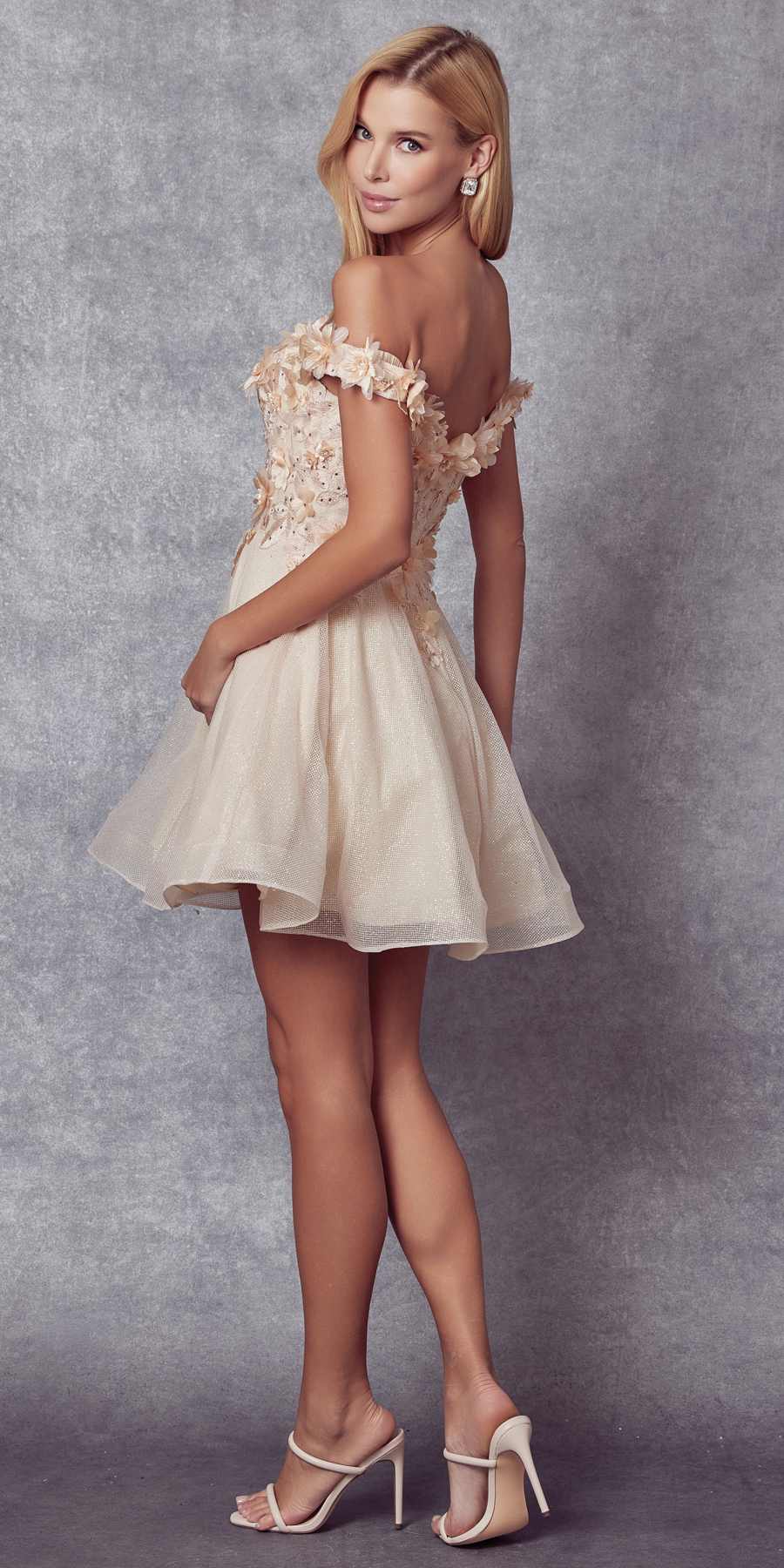 Juliet 861 Floral Embroidered Glitter Mesh Short A-Line Dress