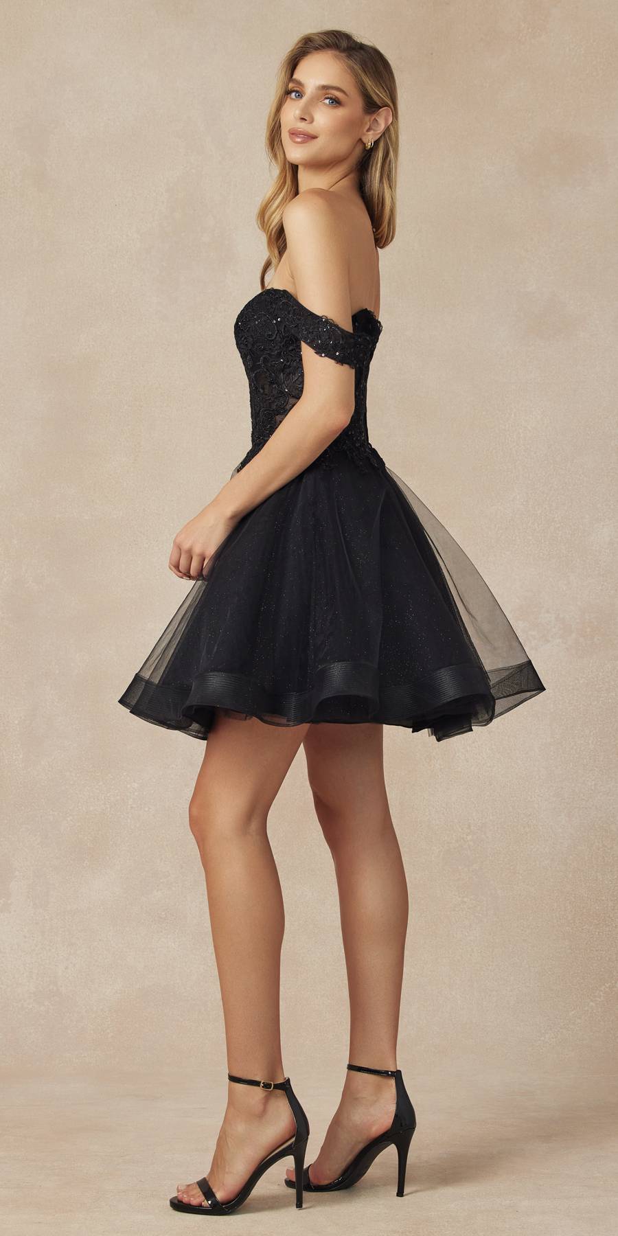 Juliet 880 Glitter Tulle A-Line Cold-Shoulder Homecoming Dress.